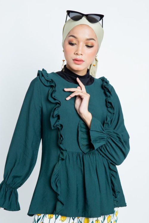 Emerald Green Gathered Top With Ruffle