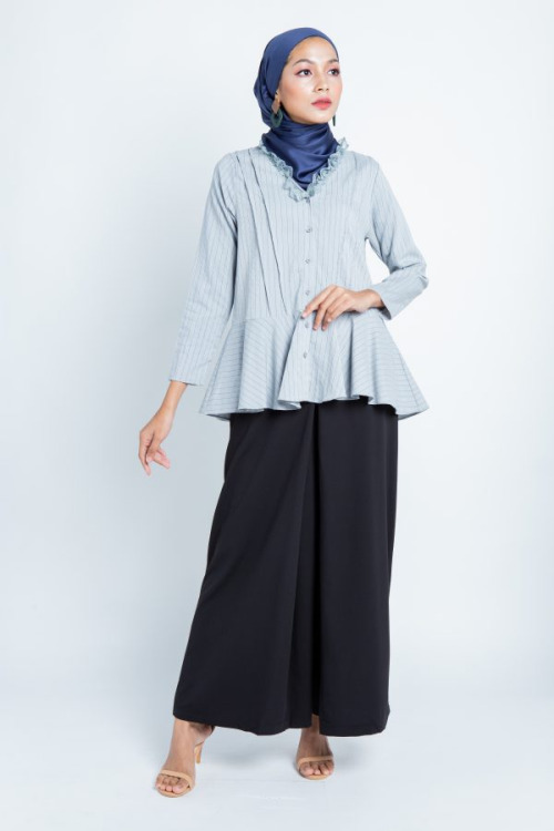 Grey Striped Peplum Blouse