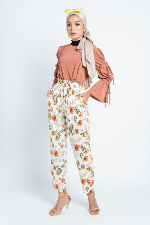 Beige Blossom Printed Pants