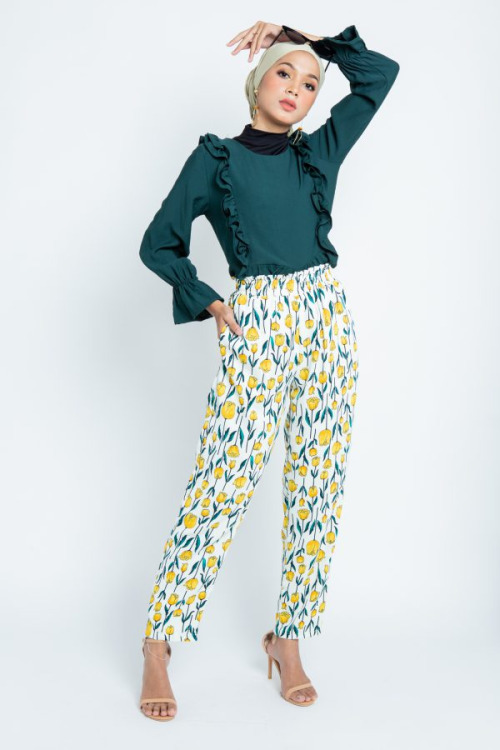 Emerald Green Gathered Top With Ruffle