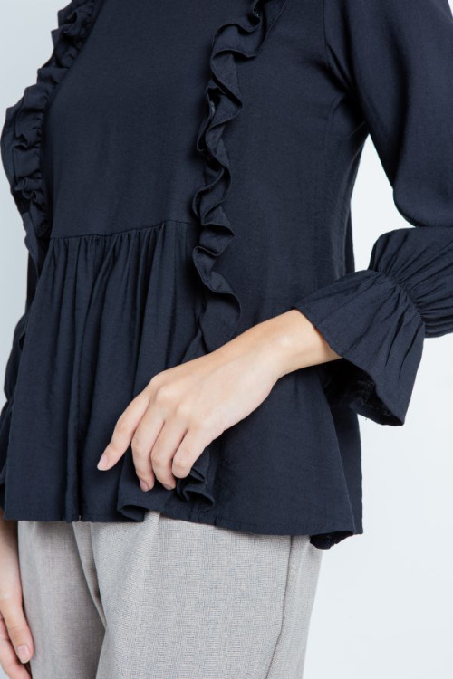 Black Gathered Top With Ruffle