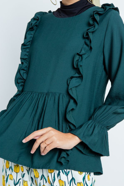 Emerald Green Gathered Top With Ruffle