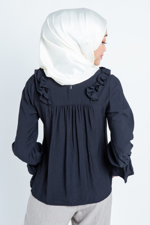 Black Gathered Top With Ruffle