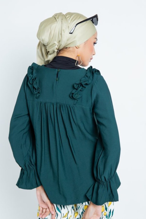 Emerald Green Gathered Top With Ruffle