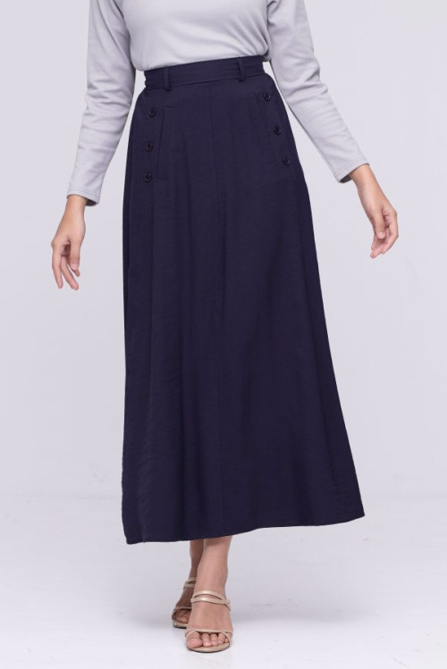 Navy Blue Button Cotton Skirt