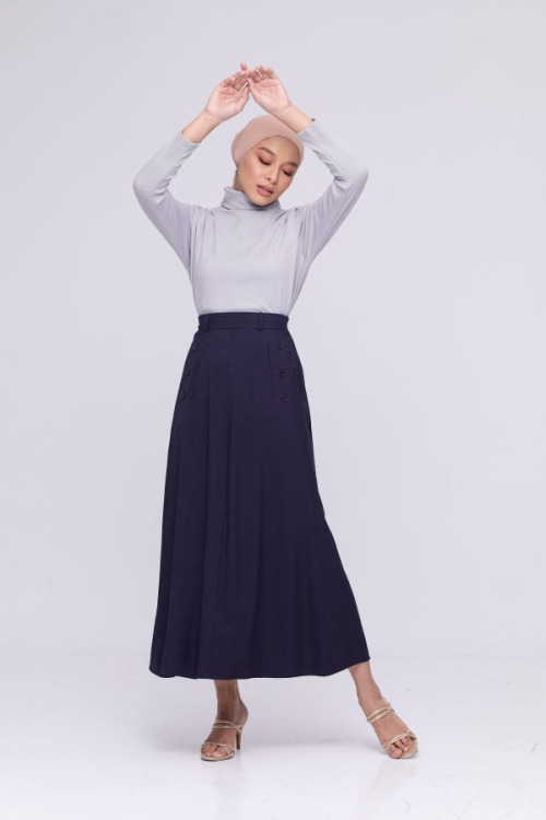 Navy Blue Button Cotton Skirt