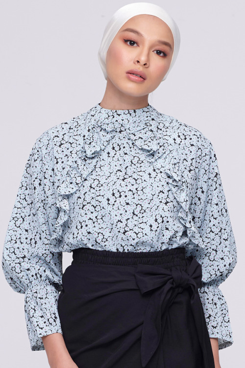 Blue Floral Ruffle Top