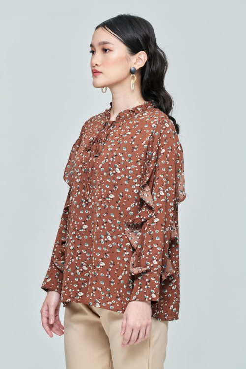 Brown Spring Ruffle Sleeve Top