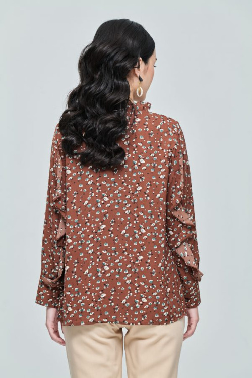 Brown Spring Ruffle Sleeve Top