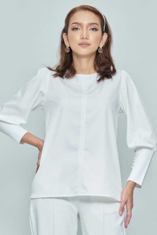 White Button Puff Sleeve Top