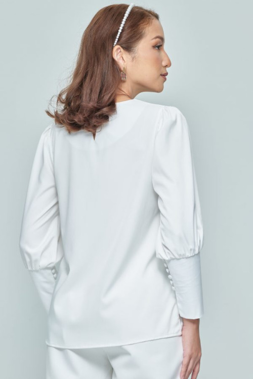 White Button Puff Sleeve Top