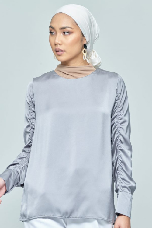 Grey Elastic Satin Sleeve Top