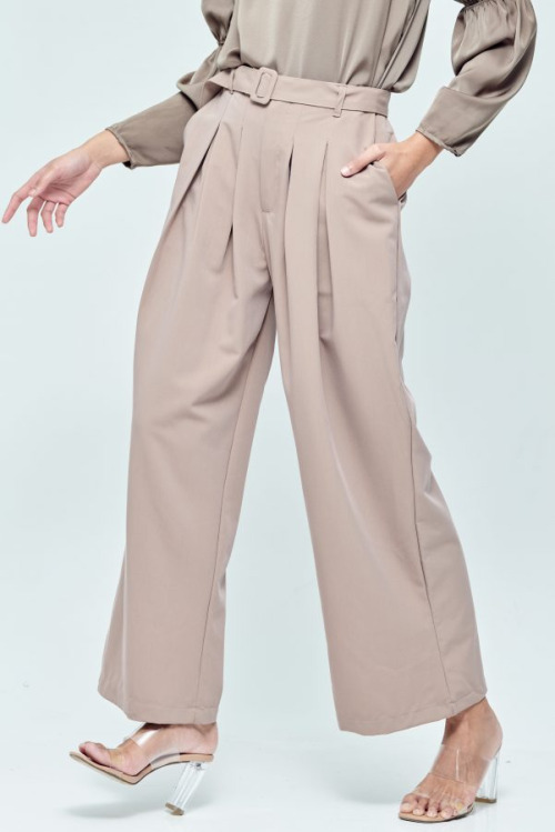 Beige Buckle Wide Pants