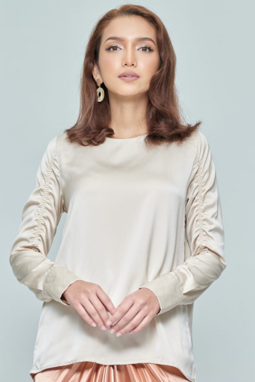 Beige Elastic Satin Sleeve Top