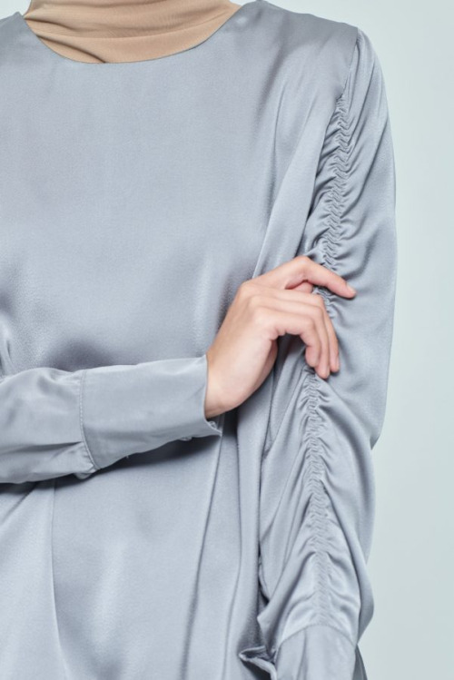 Grey Elastic Satin Sleeve Top