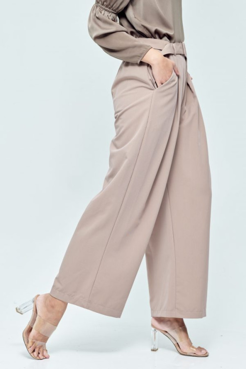 Beige Buckle Wide Pants