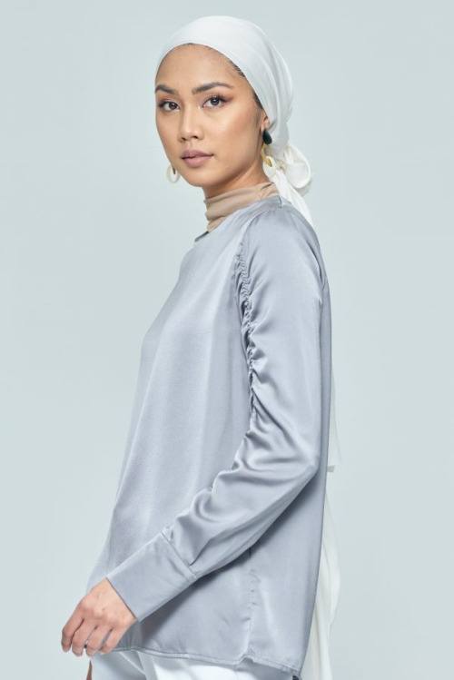 Grey Elastic Satin Sleeve Top