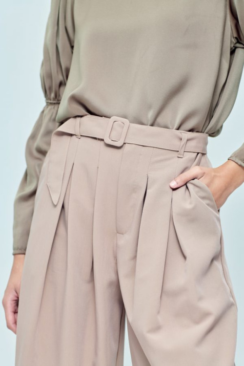 Beige Buckle Wide Pants