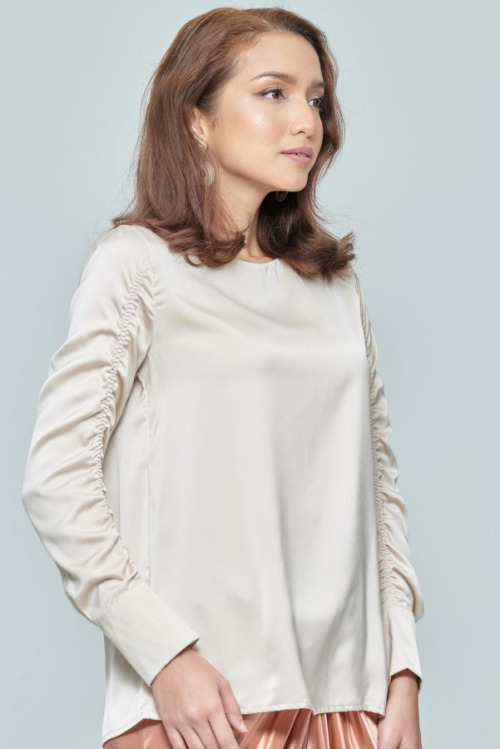 Beige Elastic Satin Sleeve Top