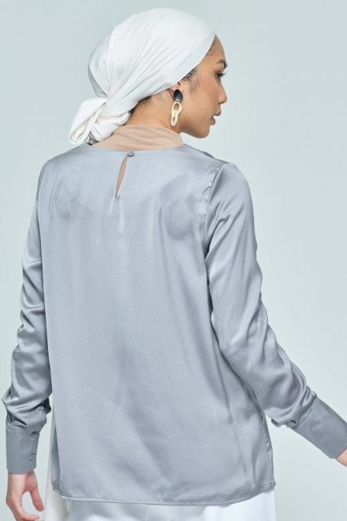 Grey Elastic Satin Sleeve Top