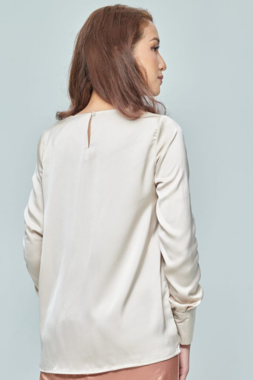Beige Elastic Satin Sleeve Top