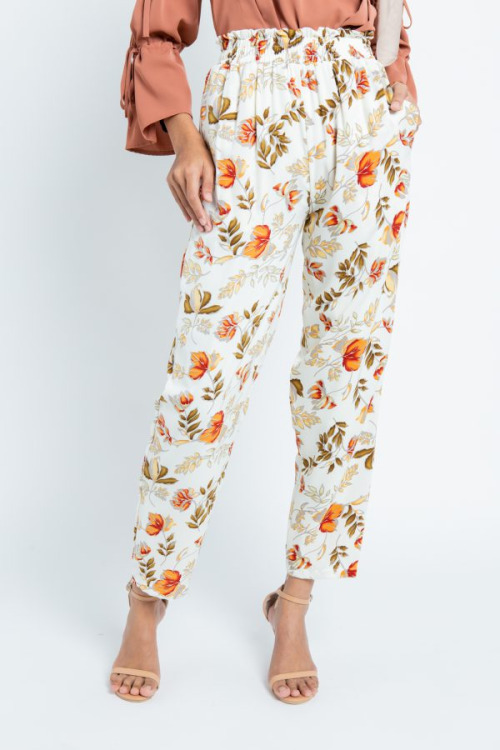 Beige Blossom Printed Pants