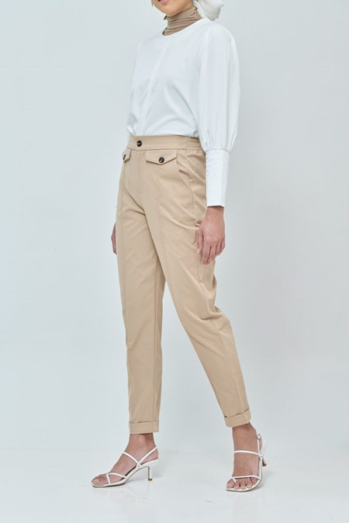 Daphne Beige Button Straight Pants