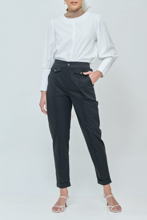 Daphne Black Button Straight Pants