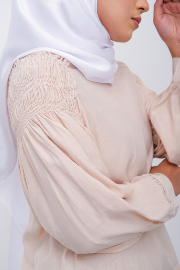 Beige Gathered Shoulder Linen Blouse