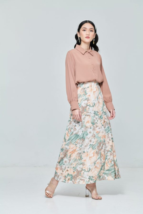 Light Coral Chiffon Maxi Skirt in Floral Bloom