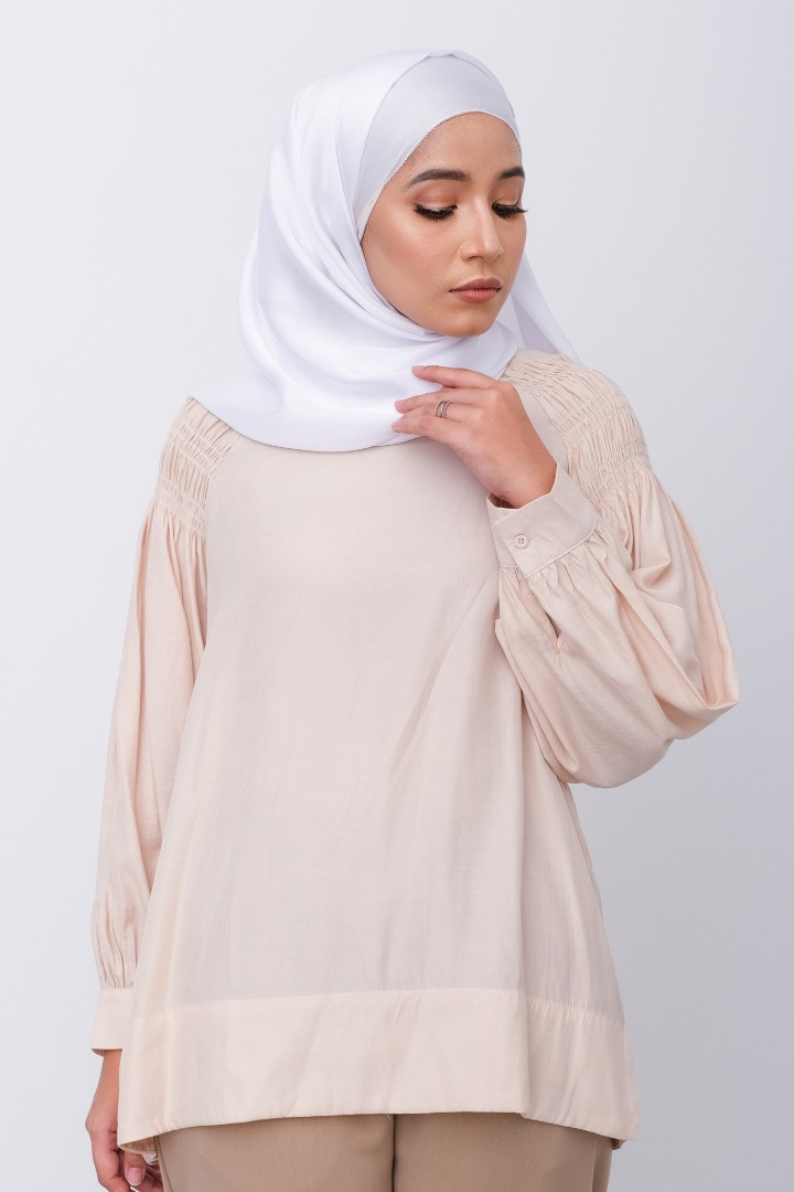 Beige Gathered Shoulder Linen Blouse