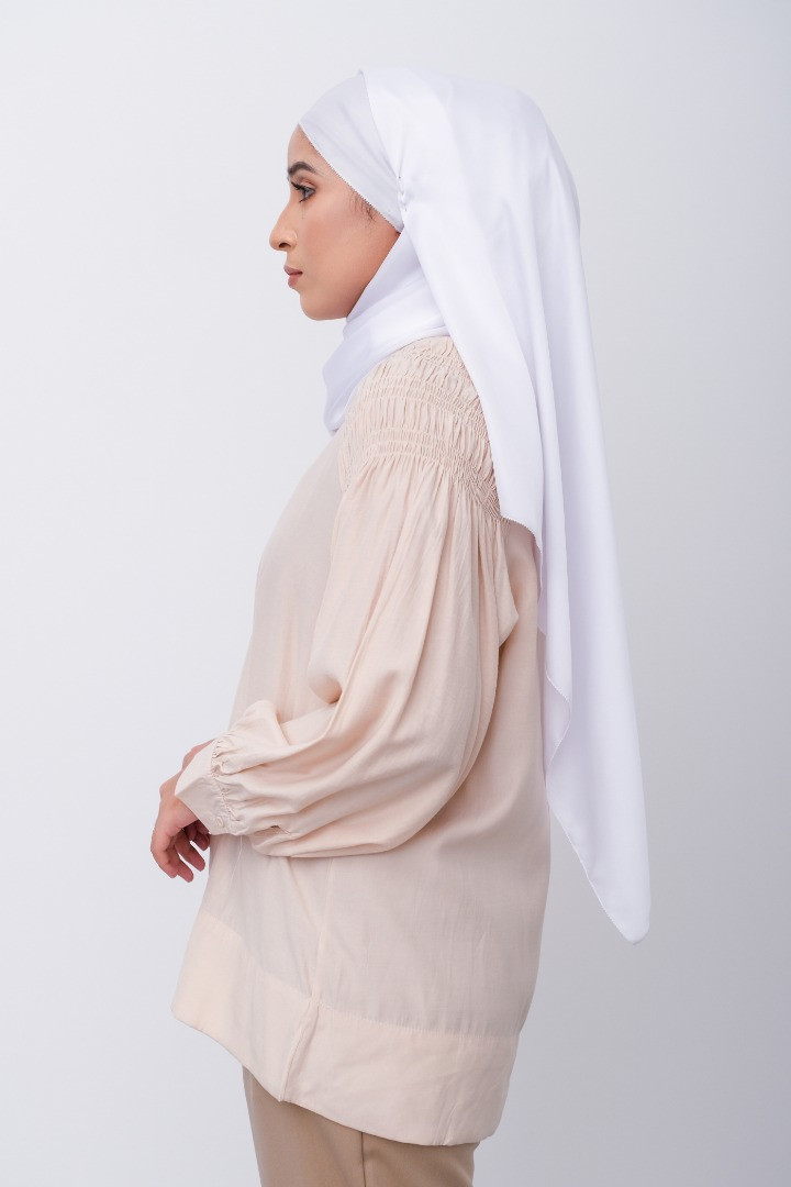 Beige Gathered Shoulder Linen Blouse