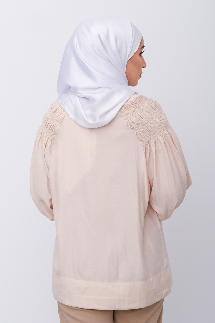 Beige Gathered Shoulder Linen Blouse