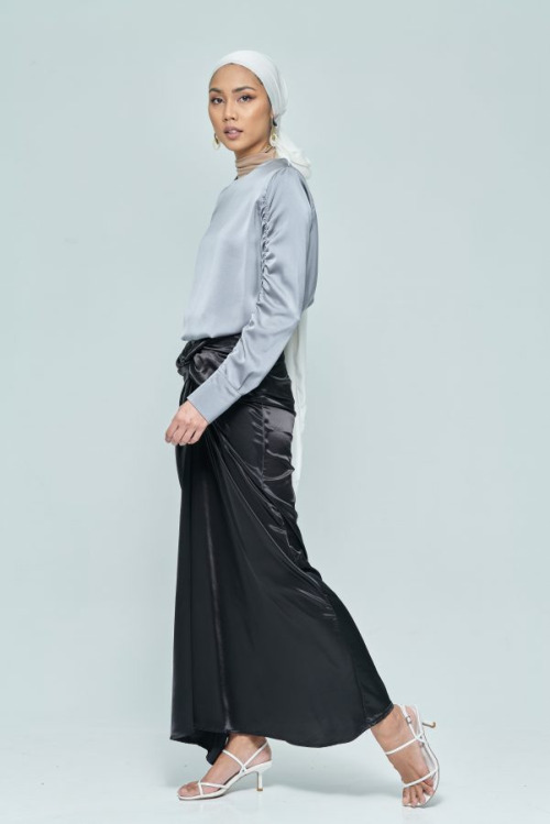 Black Front Wrap Satin Skirt