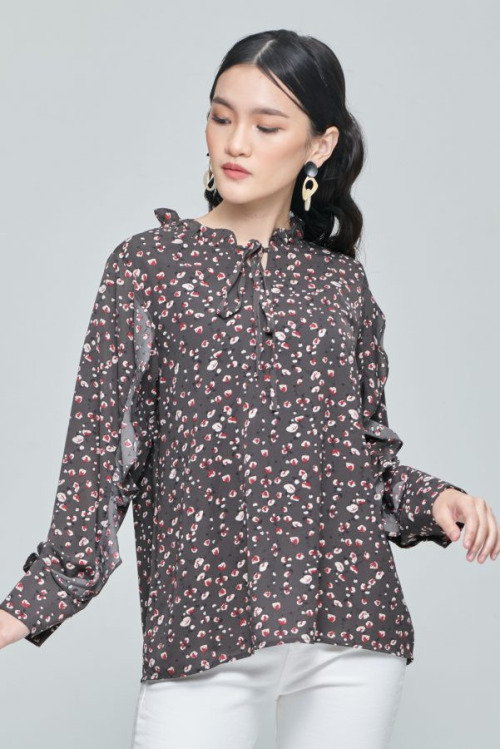Dark Grey Spring Ruffle Sleeve Top