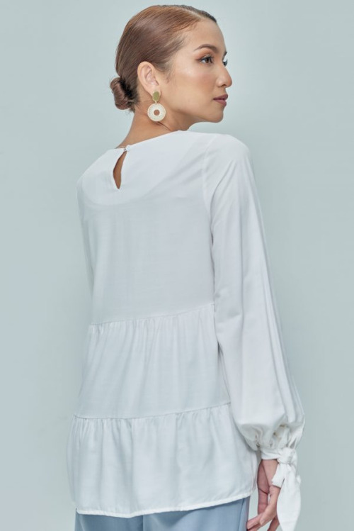 White Tiered With Tie Sleeve Top