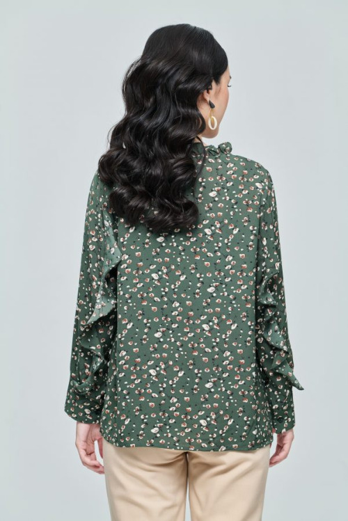 Dark Green Spring Ruffle Sleeve Top