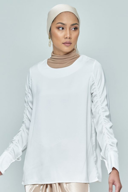 White Elastic Satin Sleeve Top
