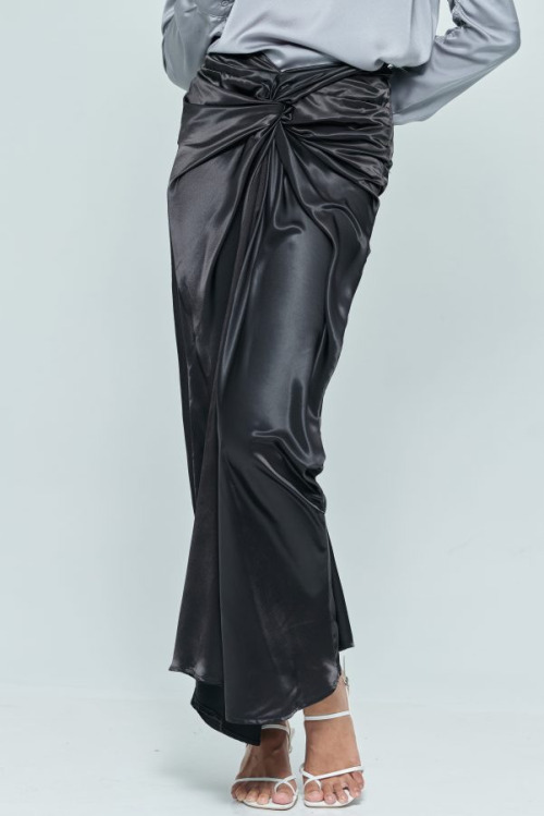 Black Front Wrap Satin Skirt