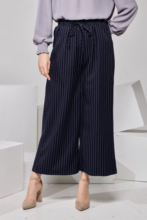 Navy Blue Striped Wide Leg Pants