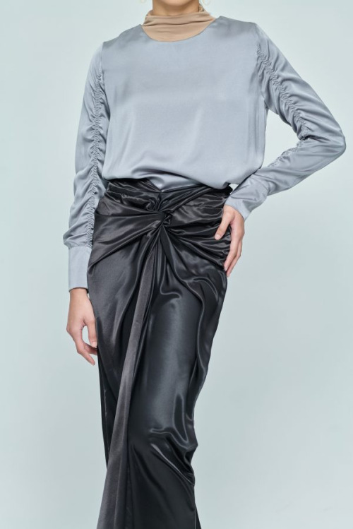 Black Front Wrap Satin Skirt
