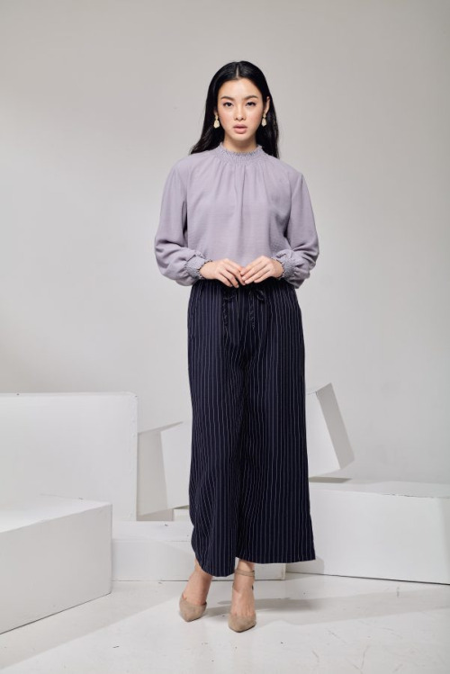 Navy Blue Striped Wide Leg Pants