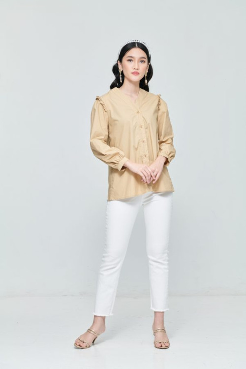 Beige Ruffle Puff Sleeve Top