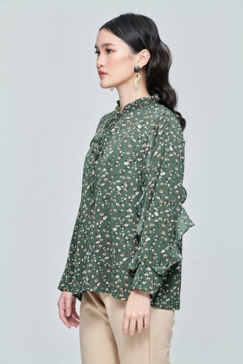 Dark Green Spring Ruffle Sleeve Top