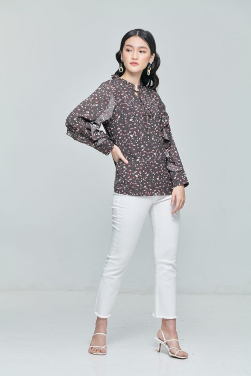 Dark Grey Spring Ruffle Sleeve Top