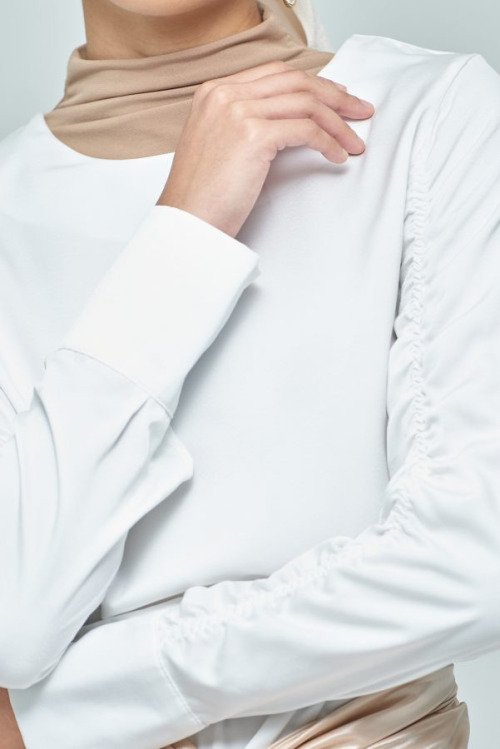 White Elastic Satin Sleeve Top