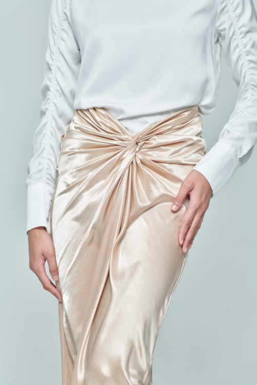 Beige Front Wrap Satin Skirt
