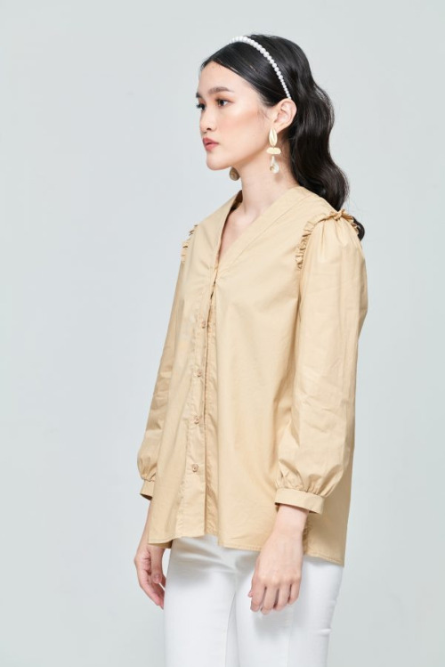 Beige Ruffle Puff Sleeve Top