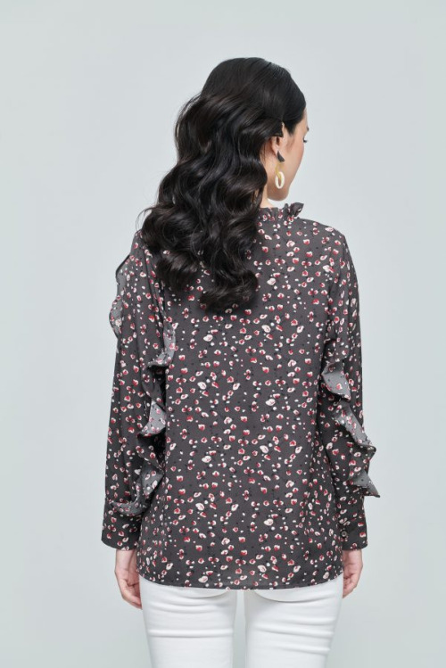 Dark Grey Spring Ruffle Sleeve Top