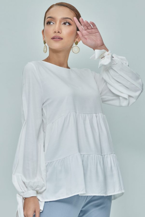 White Tiered With Tie Sleeve Top